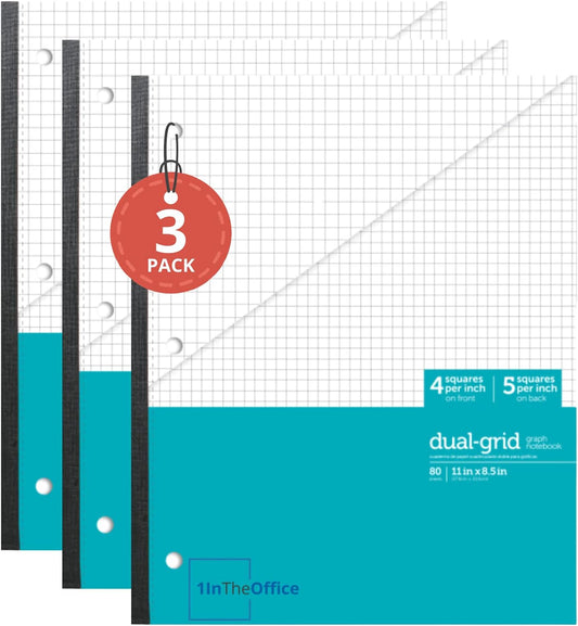 1InTheOffice Graph Ruled Teal Notebook, 3 Pack