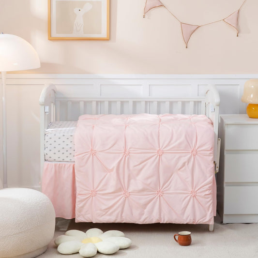 PINNKKU 3-Piece Crib Bedding Set for Boys and Girls, Pink