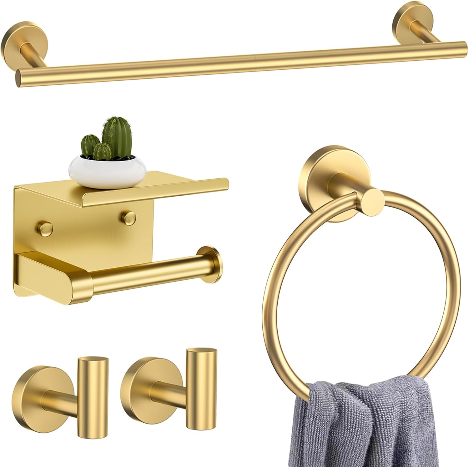 5-Piece Towel Bar Set Brushed Gold by DUMDER for Bathrooms