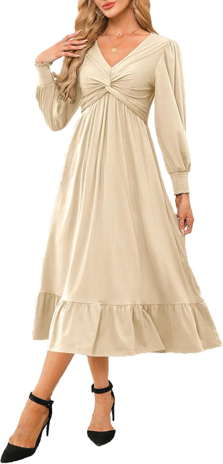 Dokotoo Womens 2024 Wrap V-Neck Twist Knot Long Sleeve Dress