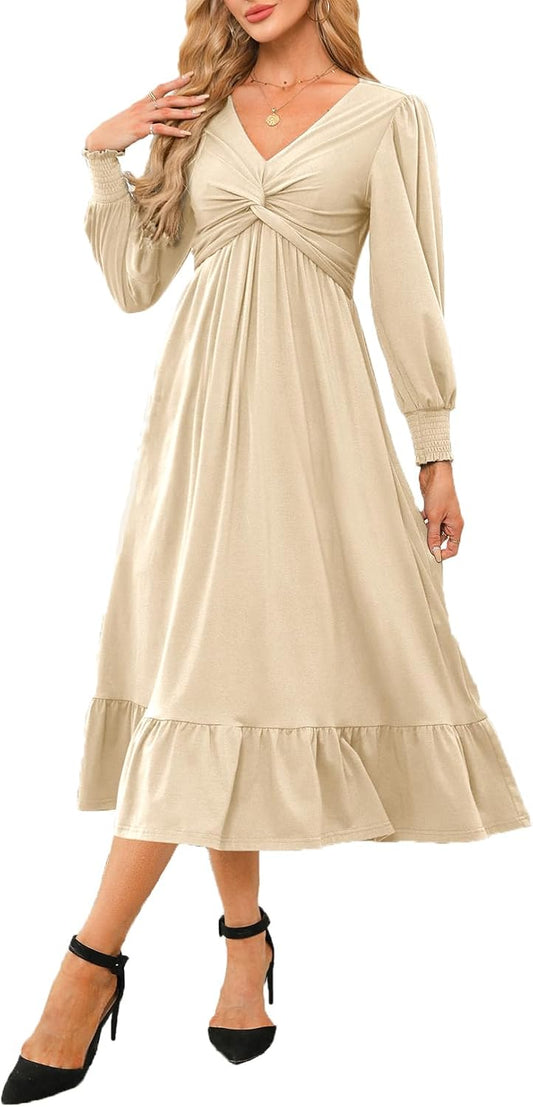 Dokotoo Womens 2024 Wrap V-Neck Twist Knot Long Sleeve Dress