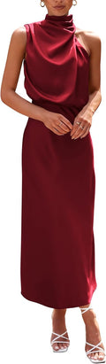 PRETTYGARDEN Women's 2025 Satin Mock Neck Maxi Dress - Elegant
