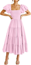 Women's Casual Summer Midi Dress Puffy Sleeve Smocked Square Neck