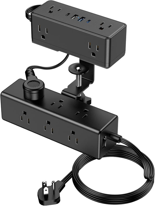 Dual Layer Desk Clamp Power Strip with 15 AC Outlets & USB Ports