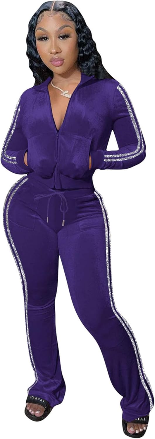 Womens Velour Tracksuit Set with Zip Up Crop Top and Pants
