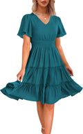 Sping Summer Midi Dress for Women - Smocked VNeck Tiered Midi