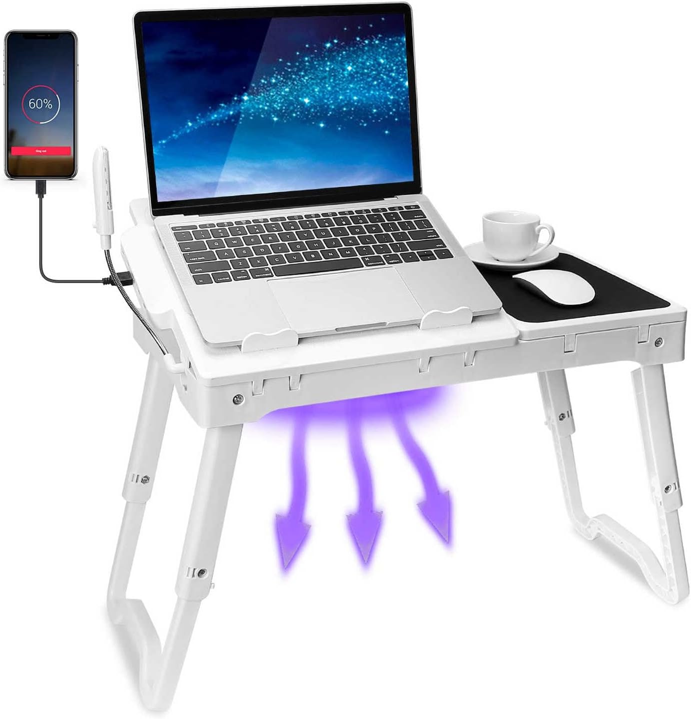 Adjustable Laptop Table for Bed with Fan and USB Ports