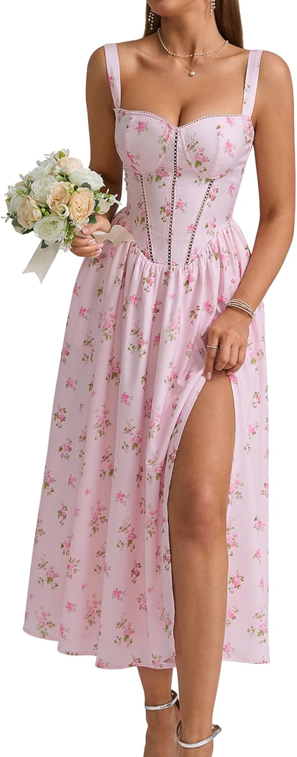 Floral Corset Midi Dress with Pockets for Summer Weddings