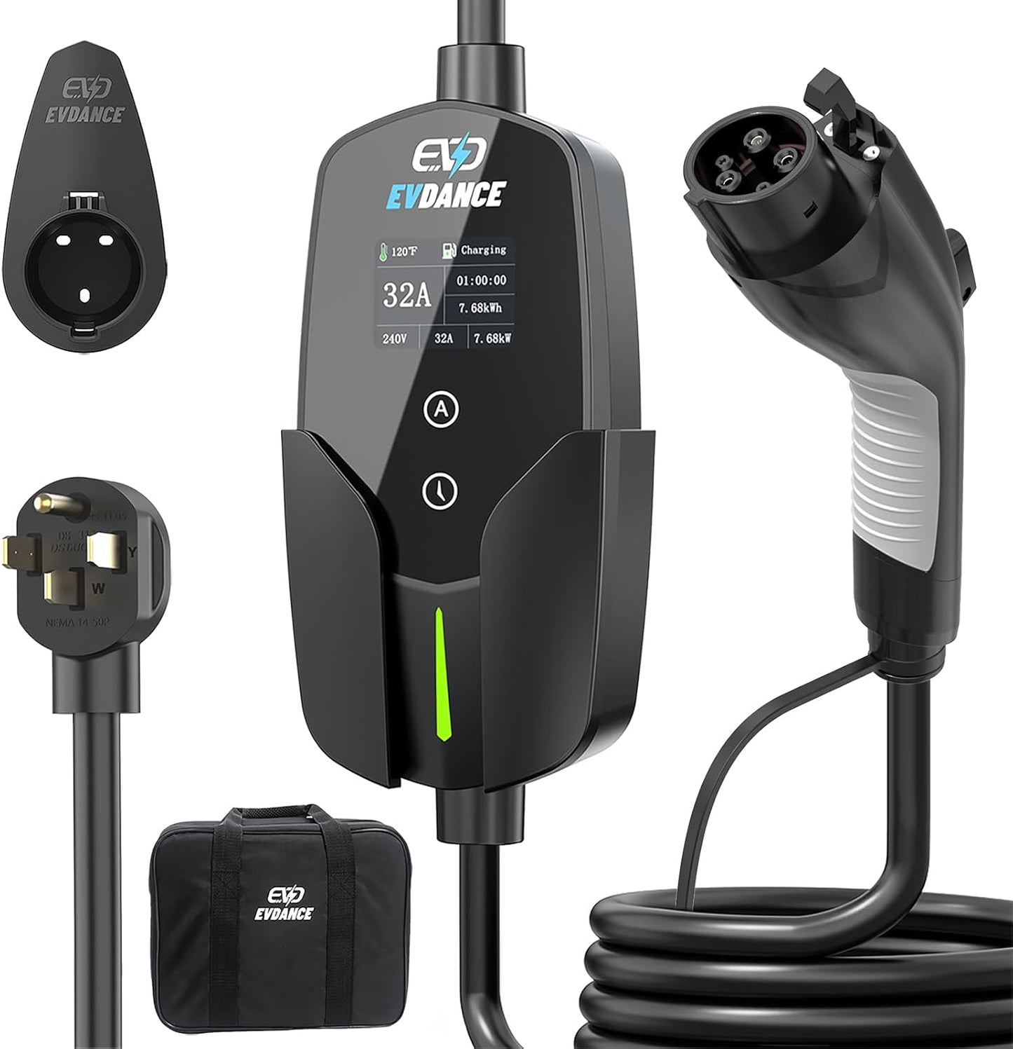 Portable Level 2 EV Charger with Adjustable Current and 25ft Cable