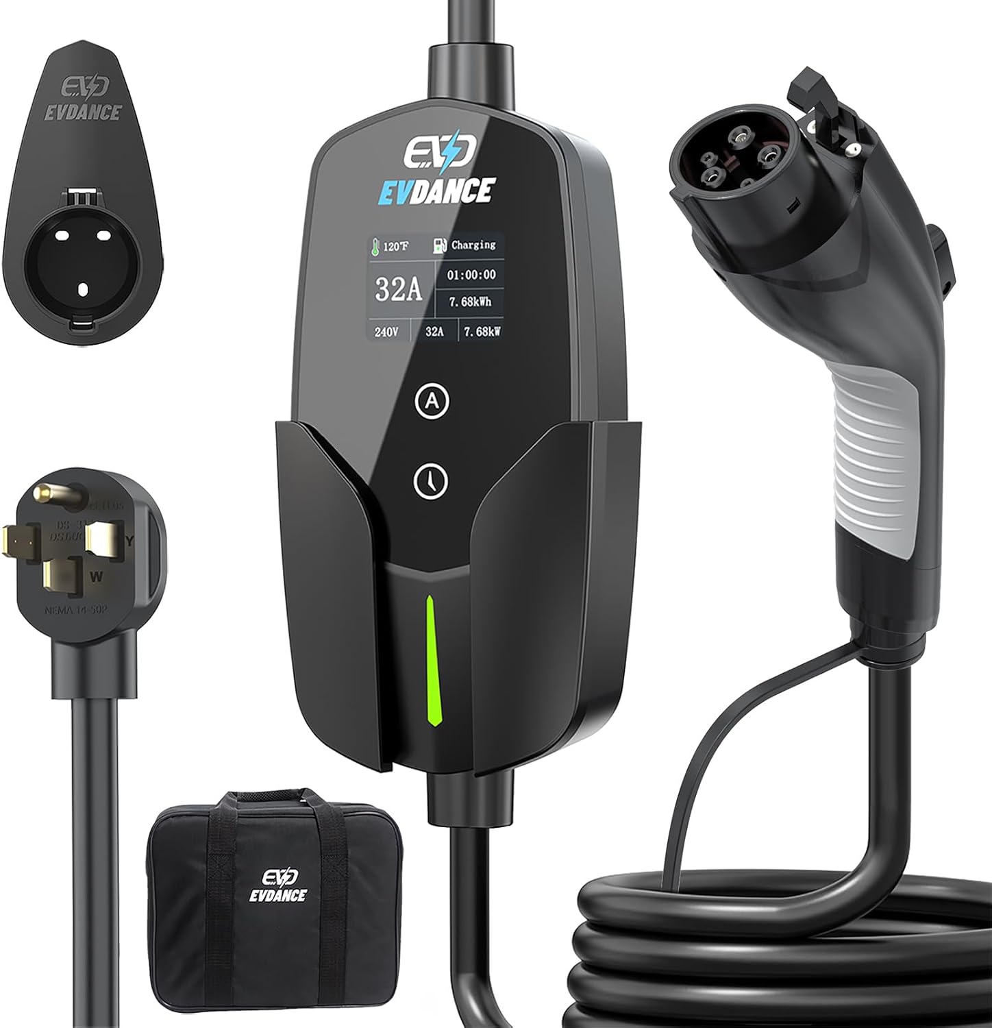 Portable Level 2 EV Charger with Adjustable Current and 25ft Cable