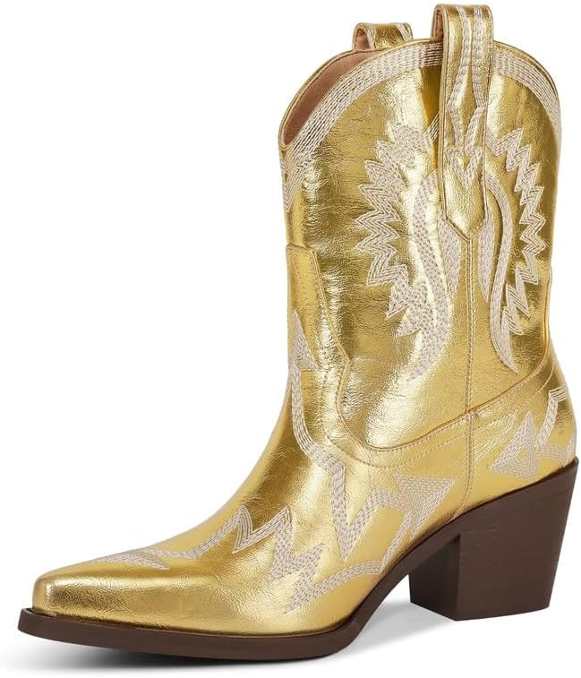 Western Boots for Women with Metallic Embroidery and Chunky Heel