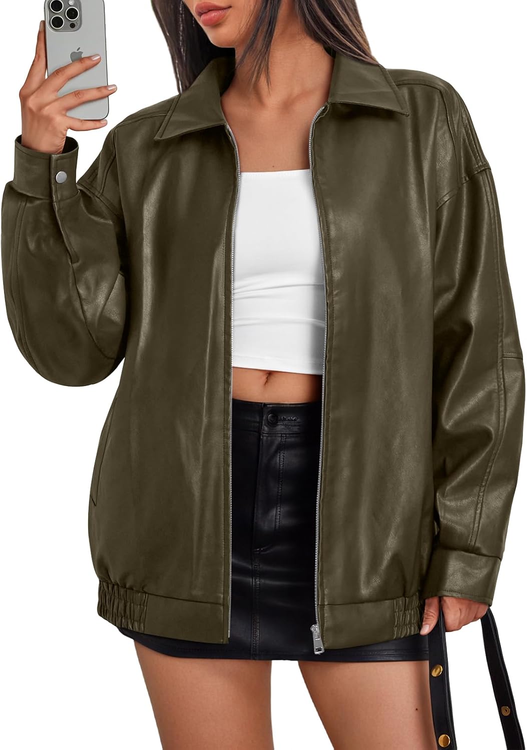 Trendy Queen Womens Leather Jackets Oversized Moto Biker Coat