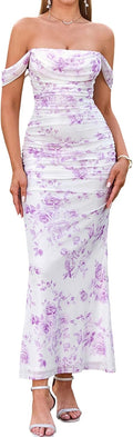 Off The Shoulder Maxi Long Dress Corset Ruched Bodycon (Style 2Y7H)