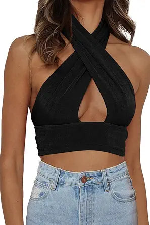 Dealmore Women's 2023 Summer Crop Top Halter Neck Criss Cross