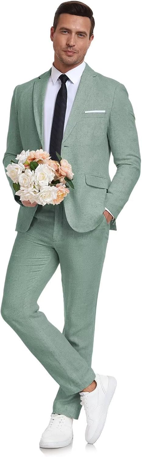 Men's Linen Suit 2 Piece Slim Fit for Summer Beach Weddings