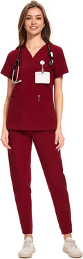 COZYFIT Medical Scrubs for Women Set - Curved V-Neck & 8 Pockets ample