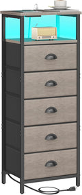 Nightstand with Charging Station and LED - Space-Saving 5-Drawer