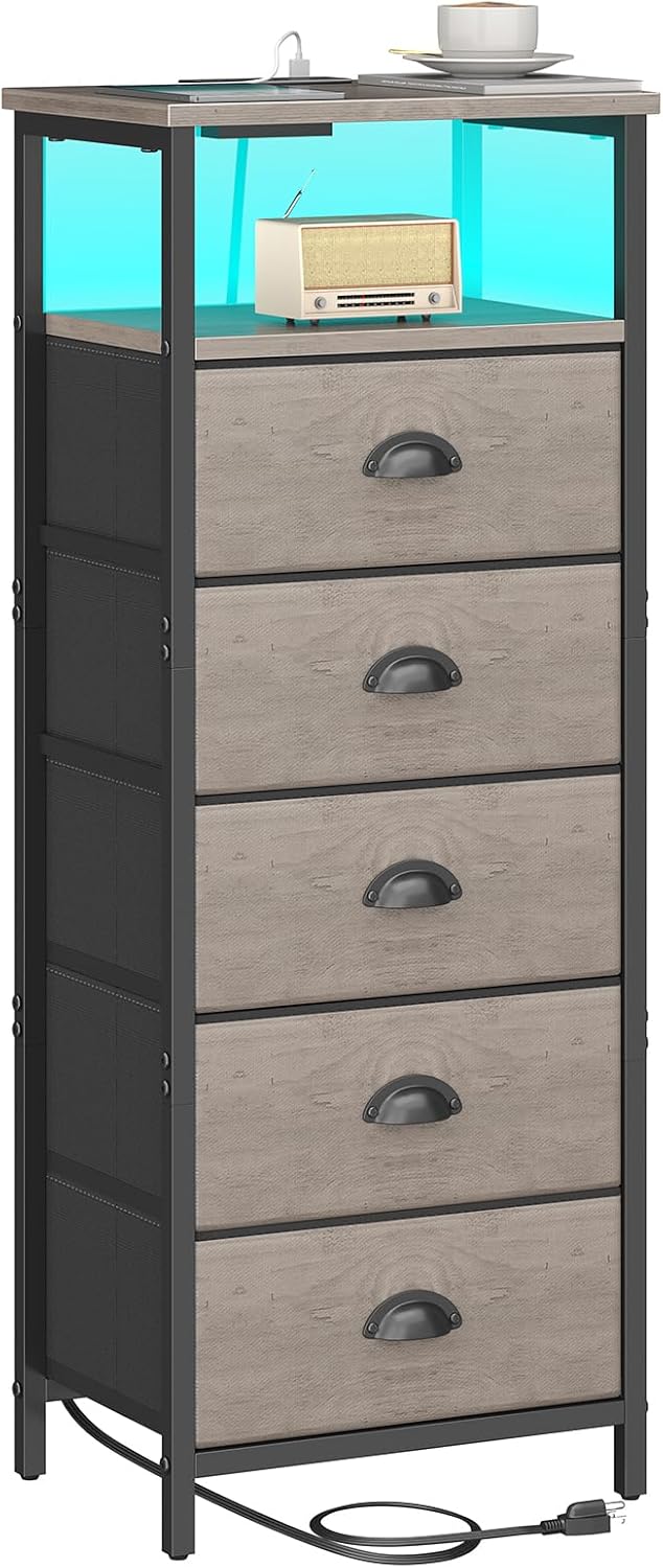 Nightstand with Charging Station and LED Light for Bedroom