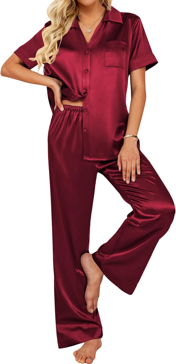 Ekouaer Silk Pajamas Set for Women - Soft Satin Pjs with Pockets
