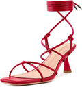 ISNOM Strappy Sandals for Women Kitten Heels Lace Up Square Toe