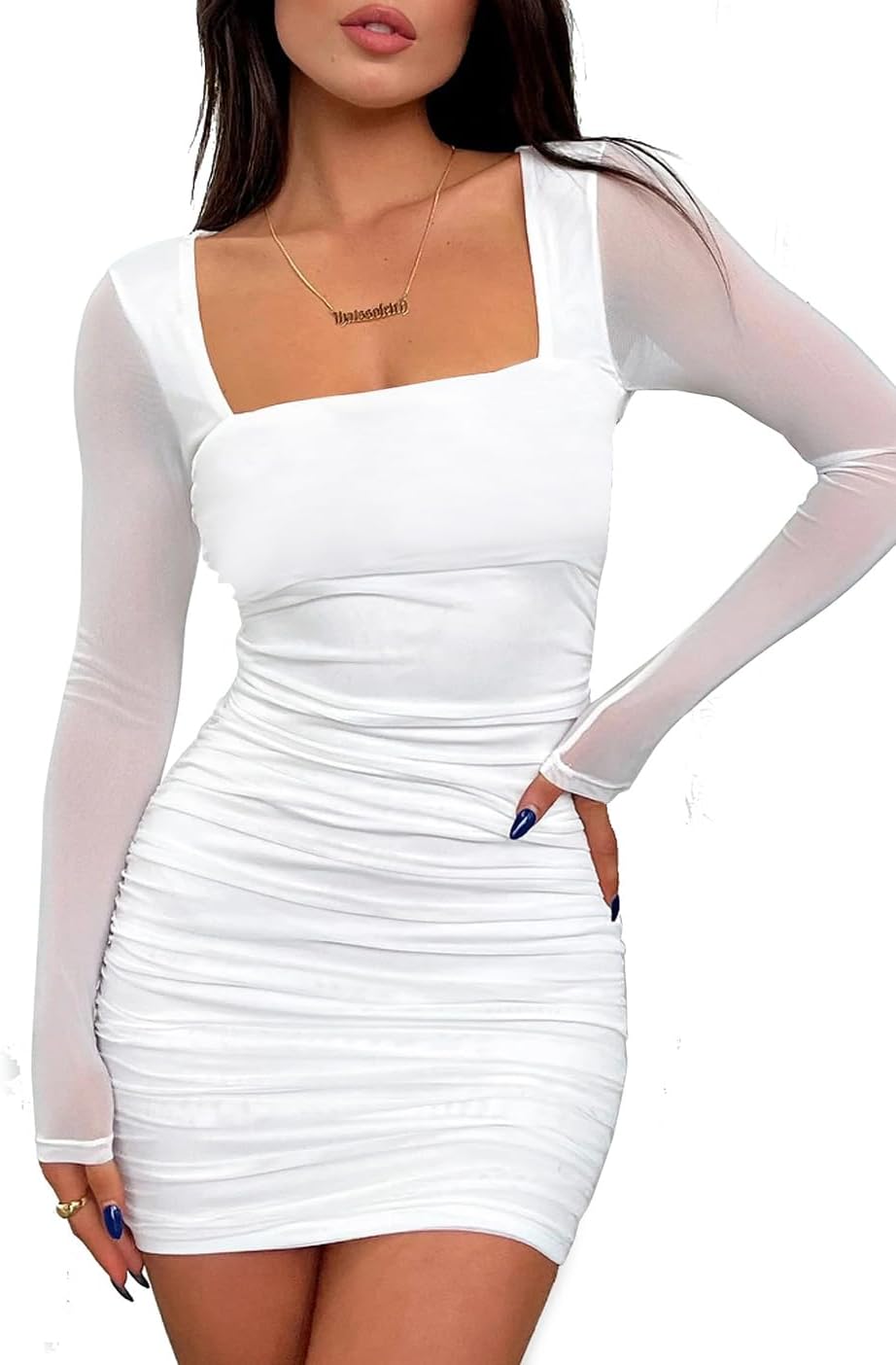 Oten Women Mesh Long Sleeve Square Neck Mini Dress for Parties