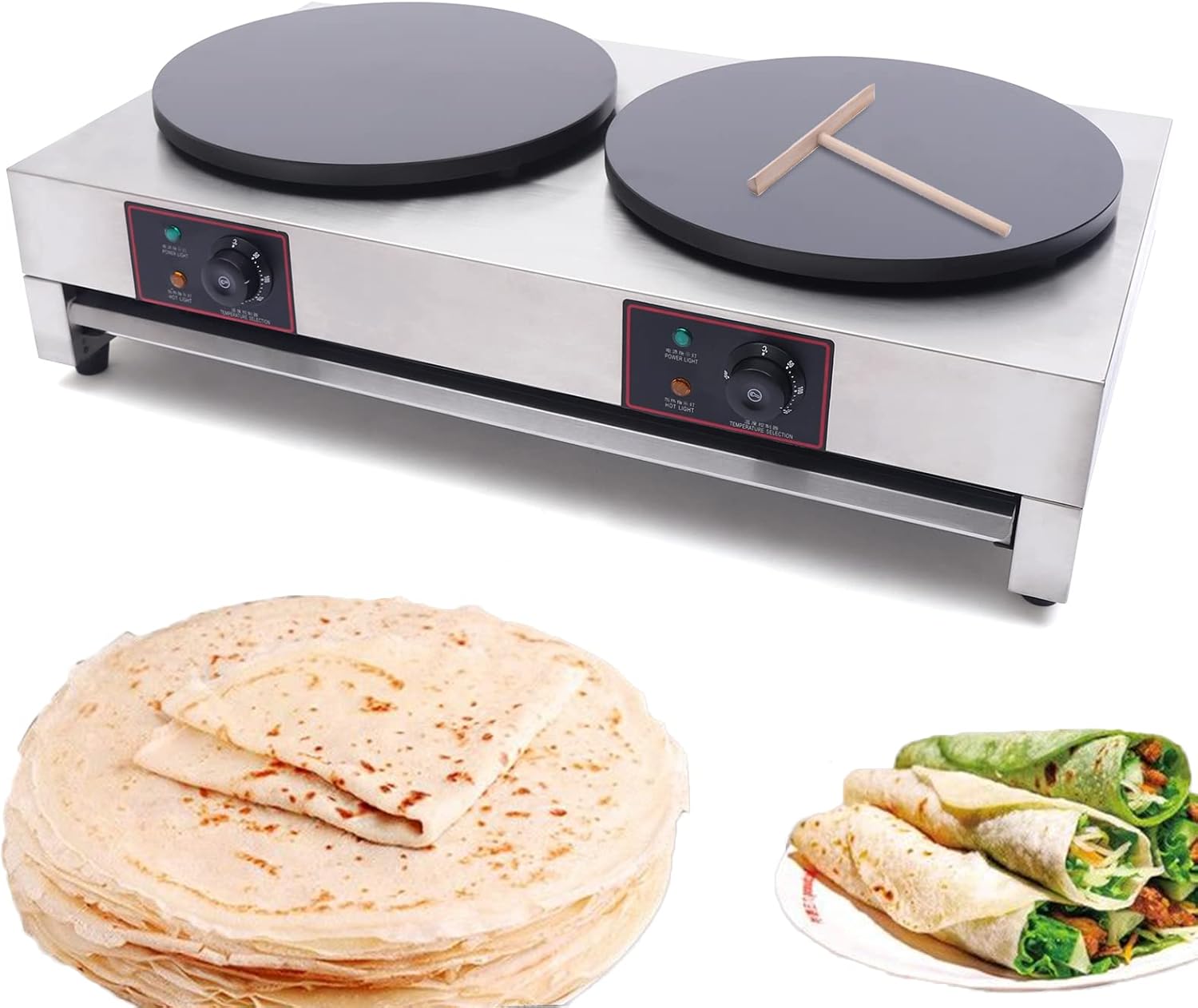 3400W Double Hotplate Electric Crepe Maker - Non-Stick, Temperature Control