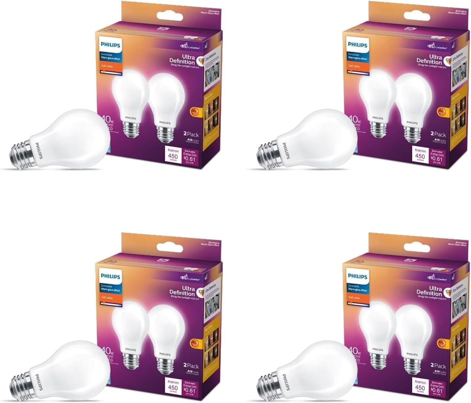 PHILIPS LED 40W A19 8-Pack Soft White Dimmable Light Bulbs