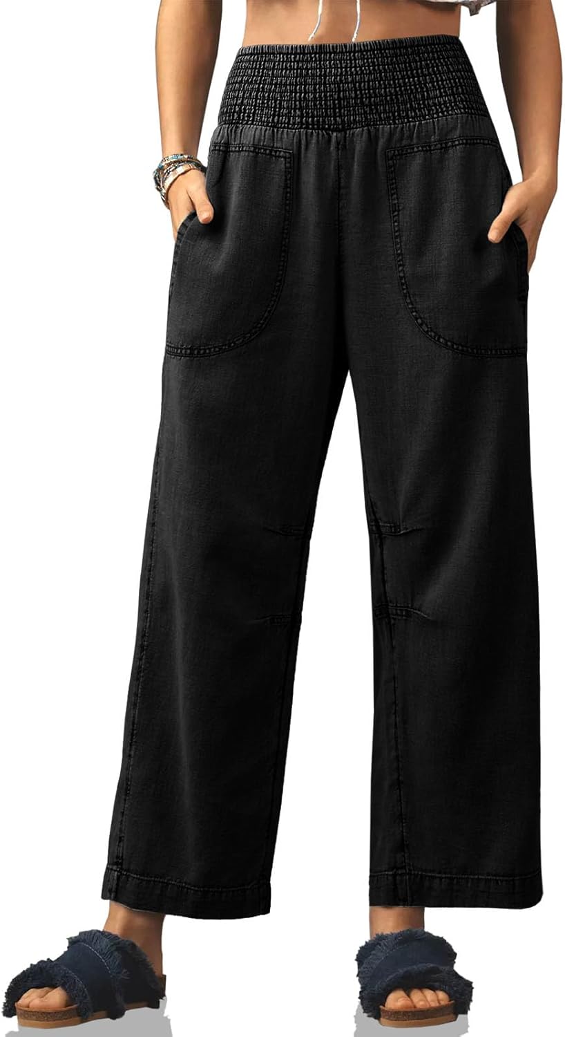 Cicy Bell Womens Smocked Barrel Jeans for Casual Trendy Style