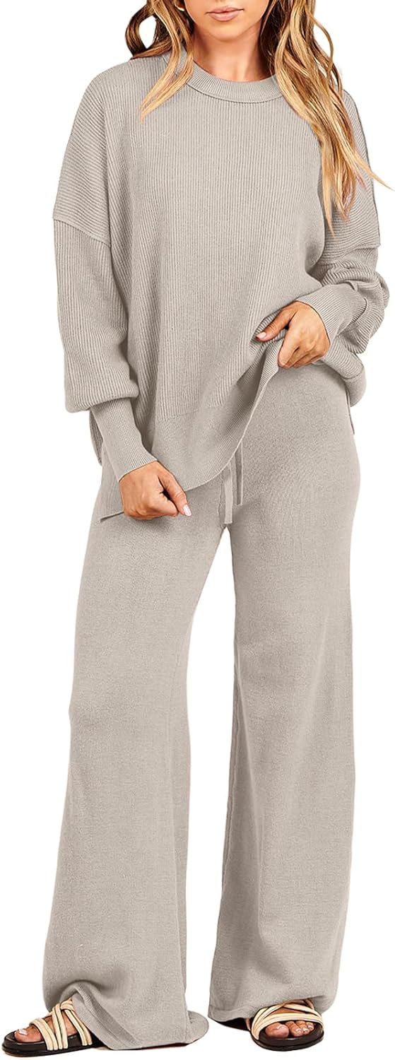 Oversized Chunky Knit Sweater and Wide Leg Pants Set for Women