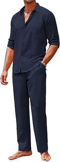 Men's 2 Piece Linen Set Button Down Shirt and Pants - Casual Summer