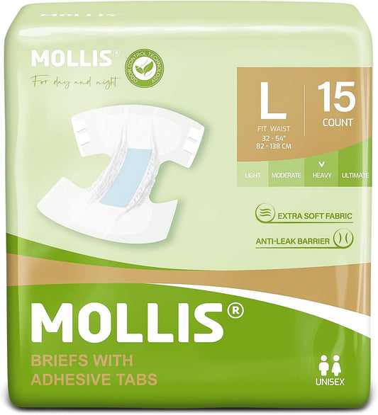 MOLLIS Odor Control Adult Diapers, Unisex Tabs, Large