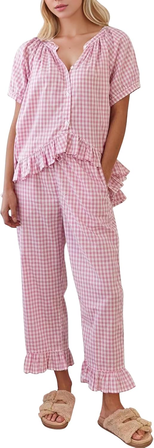 Gingham Pajama Set for Women - Cute Ruffle Sleepwear