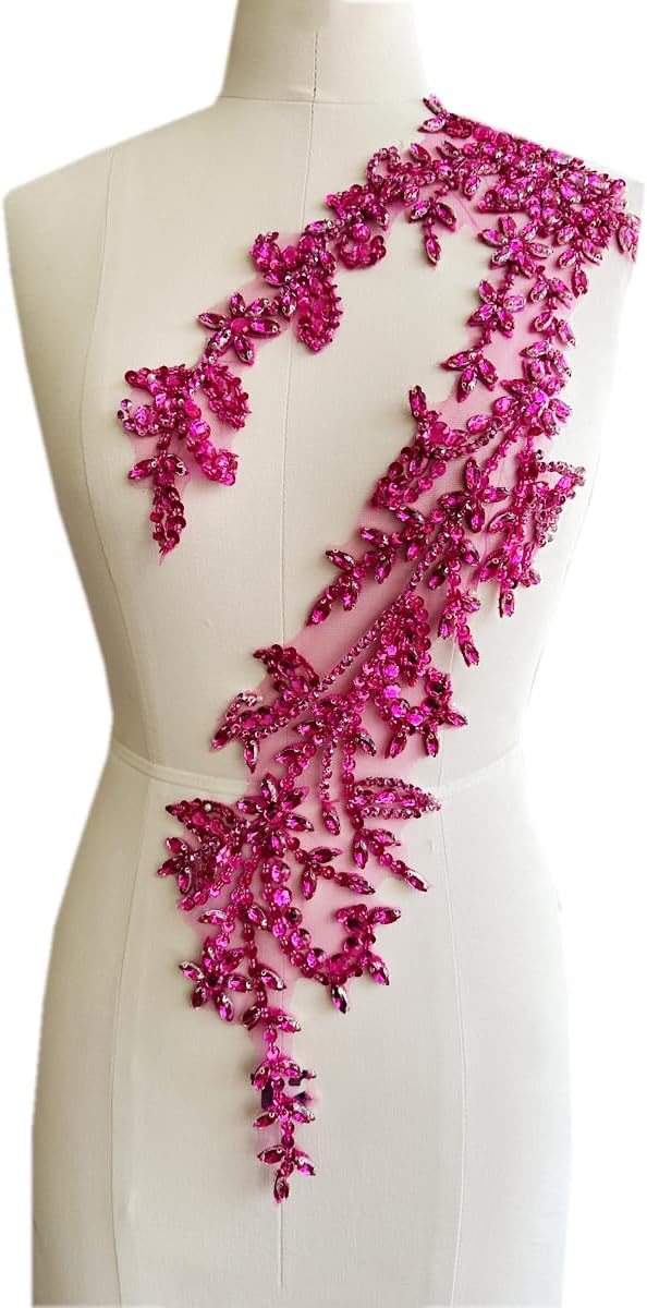 Handmade Shining Acrylic Rhinestones Lace Applique Trim Patches