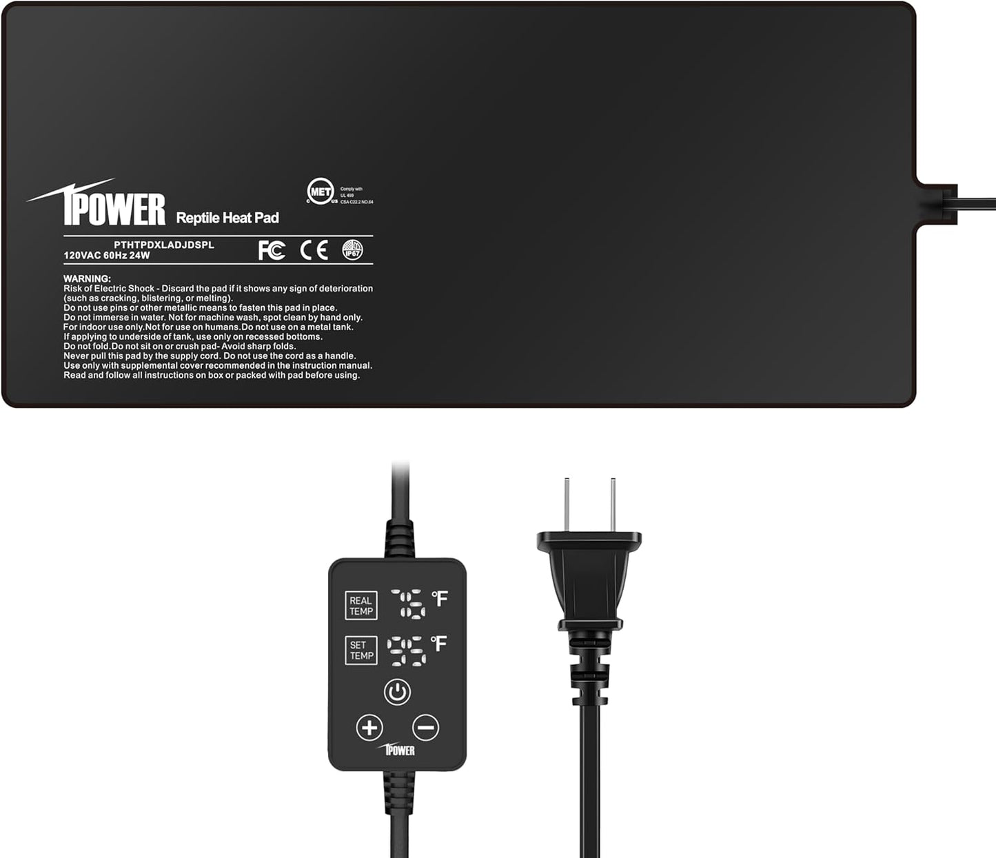 iPower 8 by 18 Inch 24W Reptile Heating Pad with Thermostat