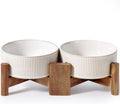 Ceramic Dog Bowls with Acacia Wood Stand - Dual 30 fl oz Set