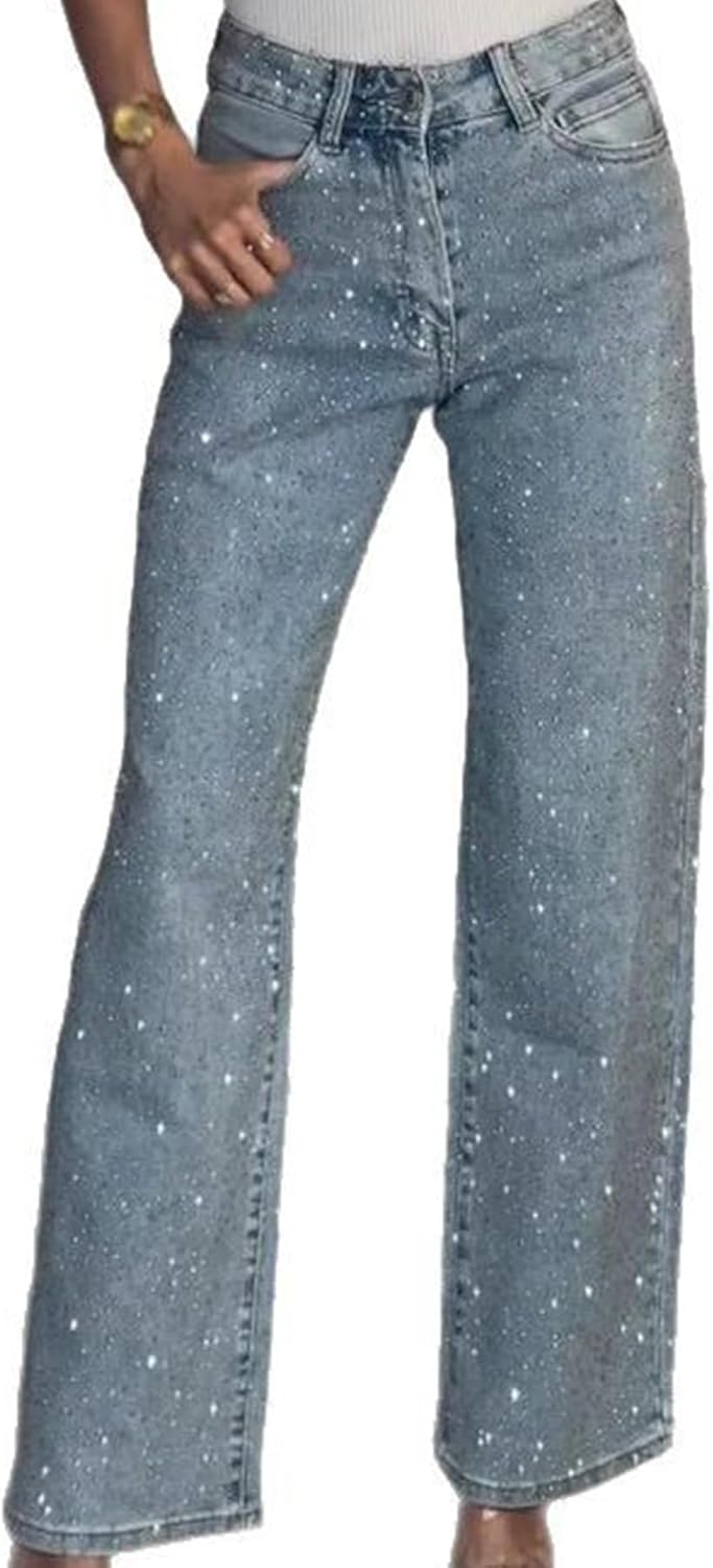 Unybwonn Straight Leg Jeans with Rhinestones and Pearls for Women