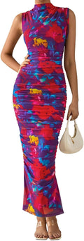 Women Summer Maxi Floral Ruched Bodycon Dress - Flattering Fit