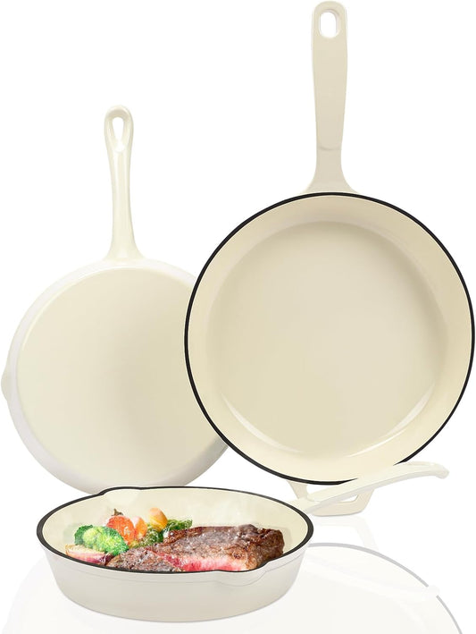 Hisencn Enameled Cast Iron Skillet Set - 3-Piece Fry Pans