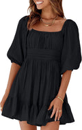 Womens Square Neck Tie Back Lantern Sleeve Ruffle Mini Dress - Casual