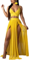 Women Sexy 2 Piece Chiffon Dress Set - Deep V Bra Crop Top & High