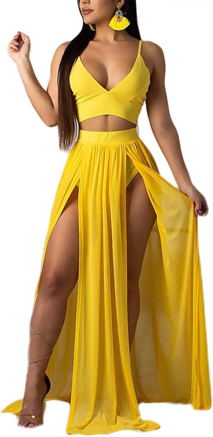 Women Sexy 2 Piece Outfits Dress Chiffon Strap Deep V Neck