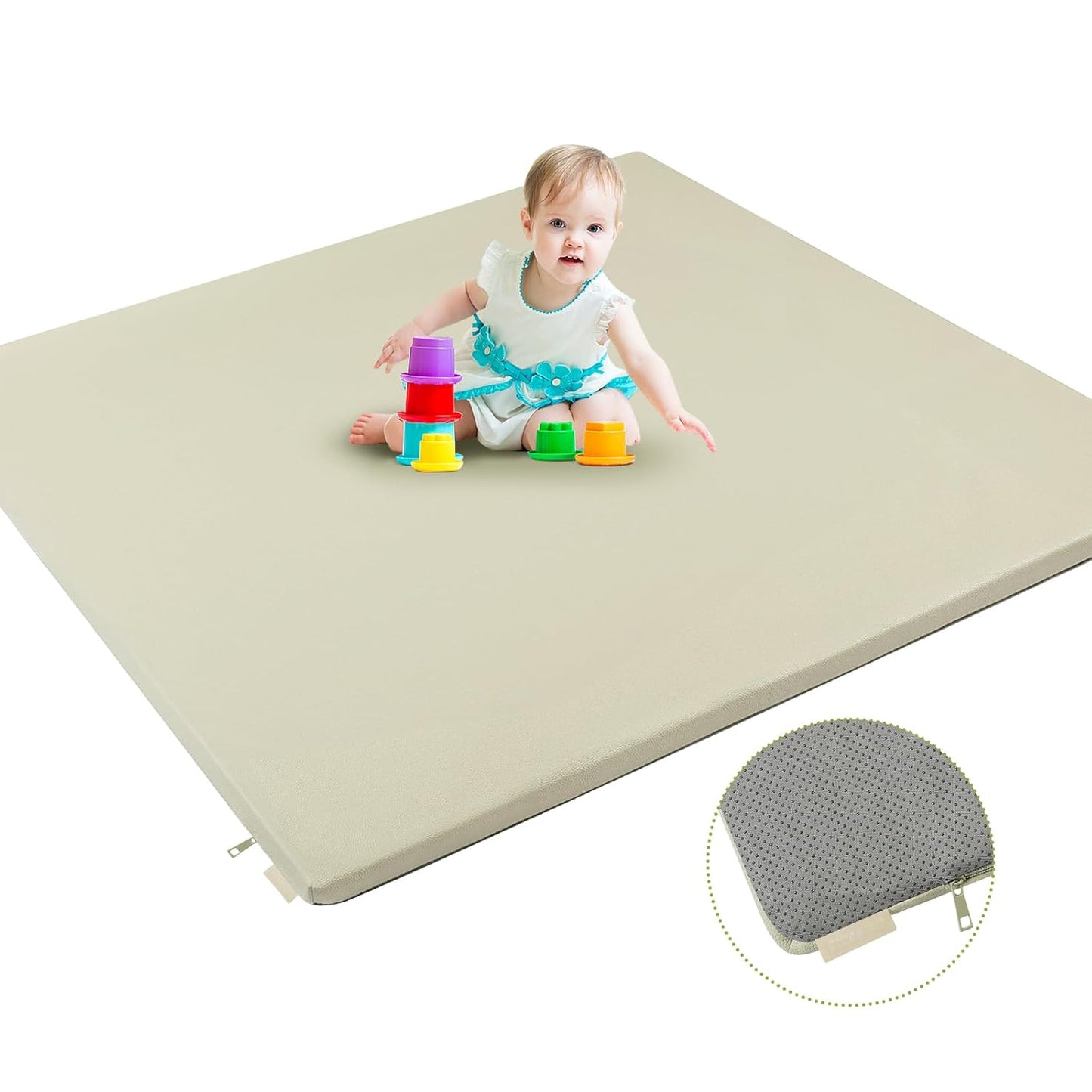 Non-Slip Baby Play Mat, 48x48 Vegan Leather, Thick Foam, Grayish Green