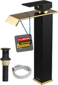 KUZOR Black and Gold Tall Waterfall Vessel Sink Faucet - Elegant High