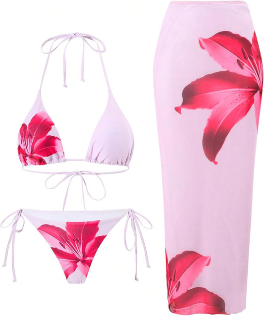 ZAFUL Womens 3pcs Swimsuit Floral Halter Triangle Bikini Set