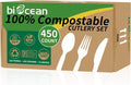 450 Count Compostable Forks Spoons Knives Set - Heavy Duty Eco