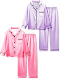 Satin Pajamas for Girls 4-Piece Long Sleeve Silky Button Down PJ Set