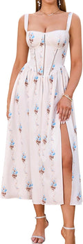 KUTUMAI Floral Corset Midi Dress Flowy Slit Sundress