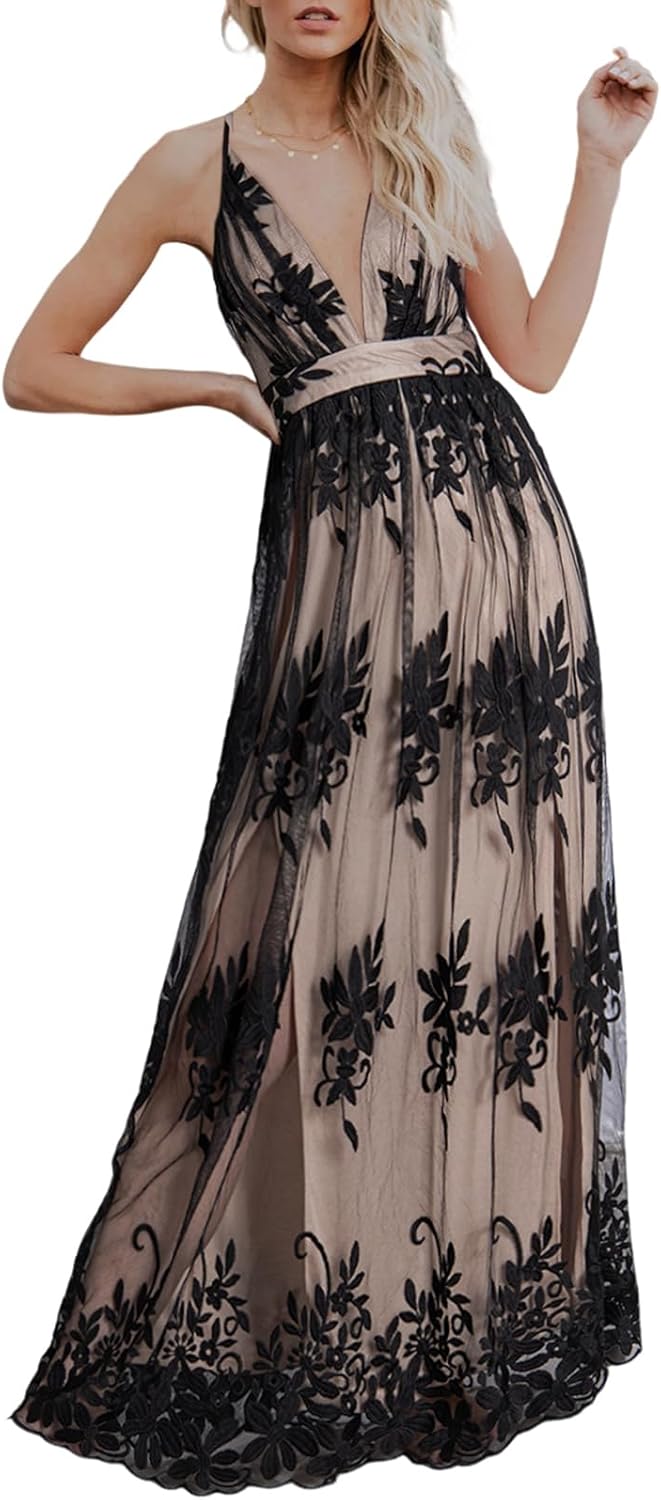 Dokotoo Womens Formal Dresses Deep V-Neck Lace Evening Dress