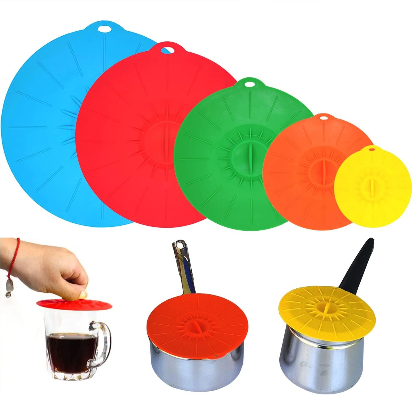 5 Reusable Silicone Lids Set - Heat Resistant - Microwave Splatter Covers - BPA-Free - VIGOR PATH