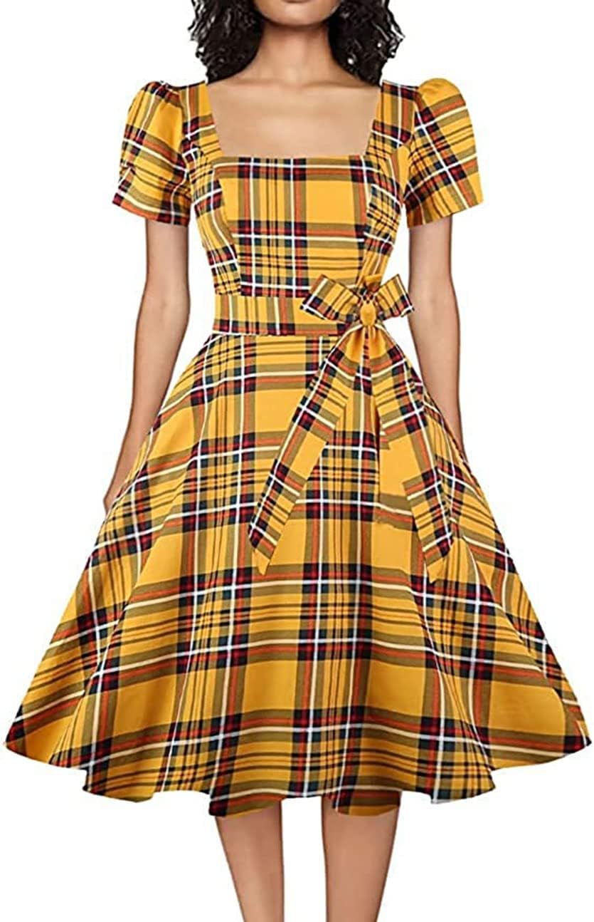 OBBUE Women's Vintage 1950s Cocktail Party Dress with Puff Sleeves